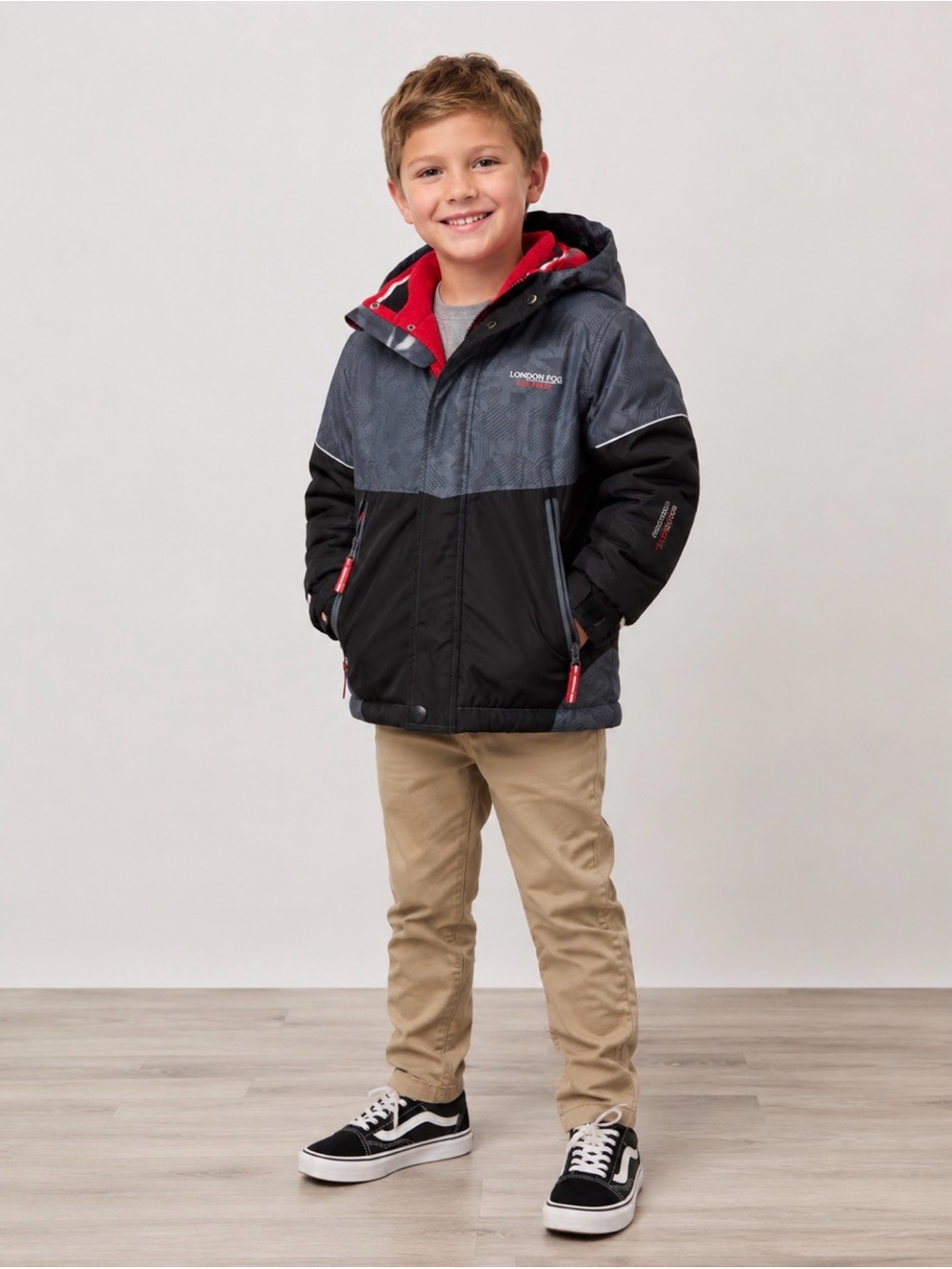 London Fog Boys Hooded Puffer Jacket in Black, Gray & Red